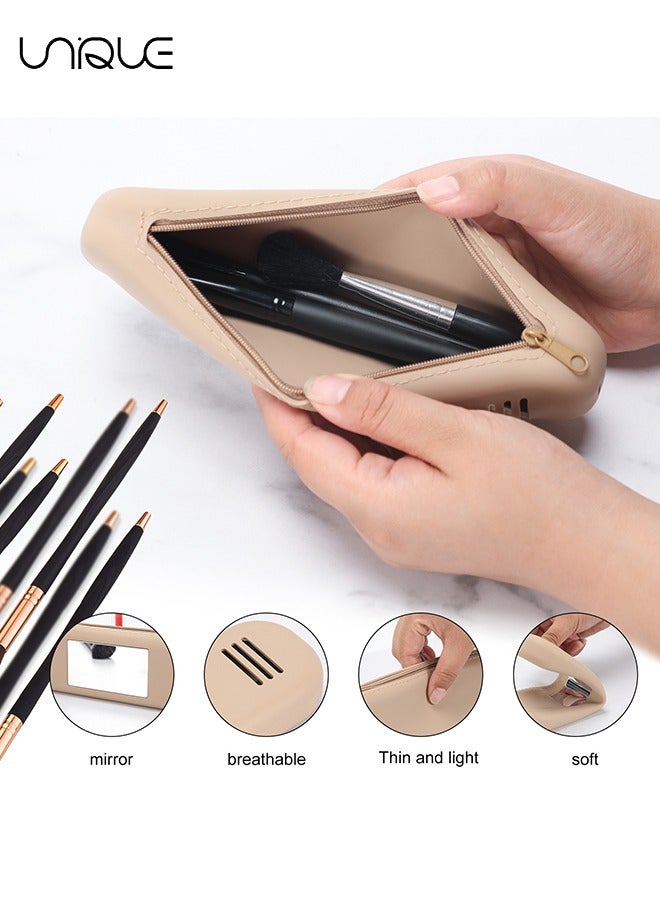 Unique Silicone Makeup Brush Bag - Portable, Anti-Fall, Zipper Closure, with Soft Mirror & Breathable Air Holes - Ideal for Daily Use, Travel & Work - Perfect Gift for Women (Khaki) - Image 5