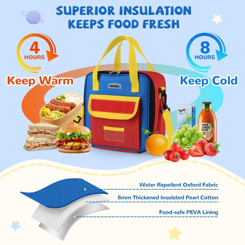 REDSHELL Tactical Lunch Box Kids, Large Insulated Lunch Bag for Boys Girls, Cooler Lunchbag, Square Toddler Lunchbox, School Daycare Lunch Tote Pail with Water Bottle Holder Shoulder Strap, Red Blue - Image 4