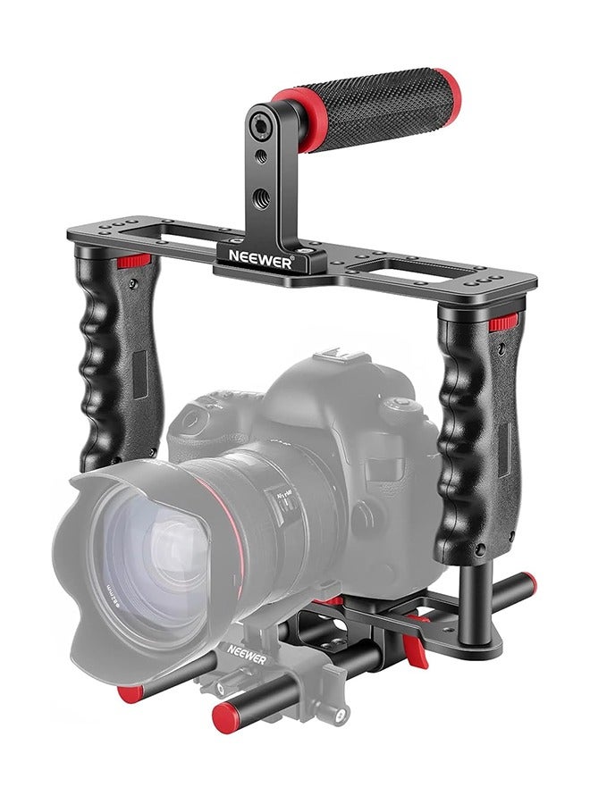 NEEWER Camera Video Cage Film Movie Making Kit, Aluminum Alloy with Top Handle, Dual Hand Grip, Two 15mm Rods, Compatible with Canon Sony Fujifilm Nikon DSLR Camera and Camcorder (Black + Red) - Image 1