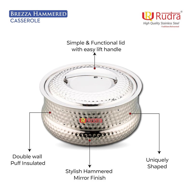 Rudra Brezza Hammered Double Walled Stainless Steel Casserole PU Insulated Hot Cold Hygiene OdourlessEasy to Carry 1 Litre - Image 3