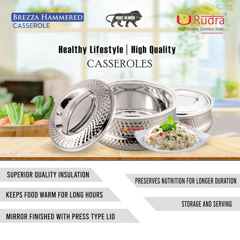 Rudra Brezza Hammered Double Walled Stainless Steel Casserole PU Insulated Hot Cold Hygiene OdourlessEasy to Carry 1 Litre - Image 5
