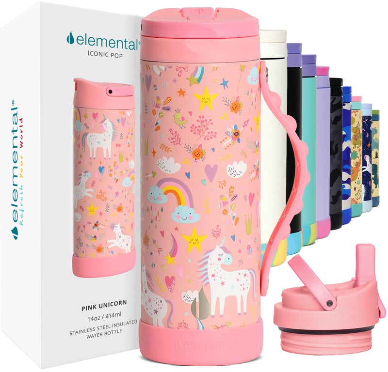 Elemental Iconic Kids Water Bottle for School 100 LeakProof Insulated Water Bottles with Straw Lid PopIt Handle for Boys Girls TripleWall Insulated BPAFree 14oz Pink Unicorn - Image 2