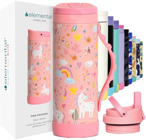 Elemental Iconic Kids Water Bottle for School 100 LeakProof Insulated Water Bottles with Straw Lid PopIt Handle for Boys Girls TripleWall Insulated BPAFree 14oz Pink Unicorn - Image 1