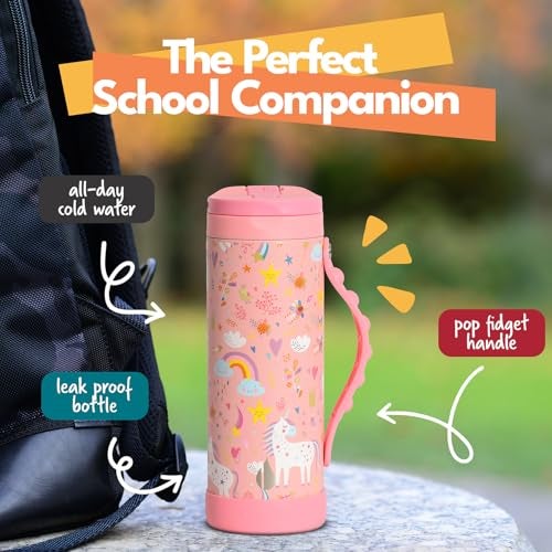 Elemental Iconic Kids Water Bottle for School 100 LeakProof Insulated Water Bottles with Straw Lid PopIt Handle for Boys Girls TripleWall Insulated BPAFree 14oz Pink Unicorn - Image 3