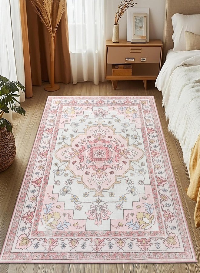 MOSISO 5x7 Area Rug for Living Room, Washable Area Rug, Non Slip Vintage National Area Rugs, Low Pile Carpet, Faux Wool Rectangular Area Rugs Carpet for Living Room Bedroom Dining Room, Home, Pink - Image 1