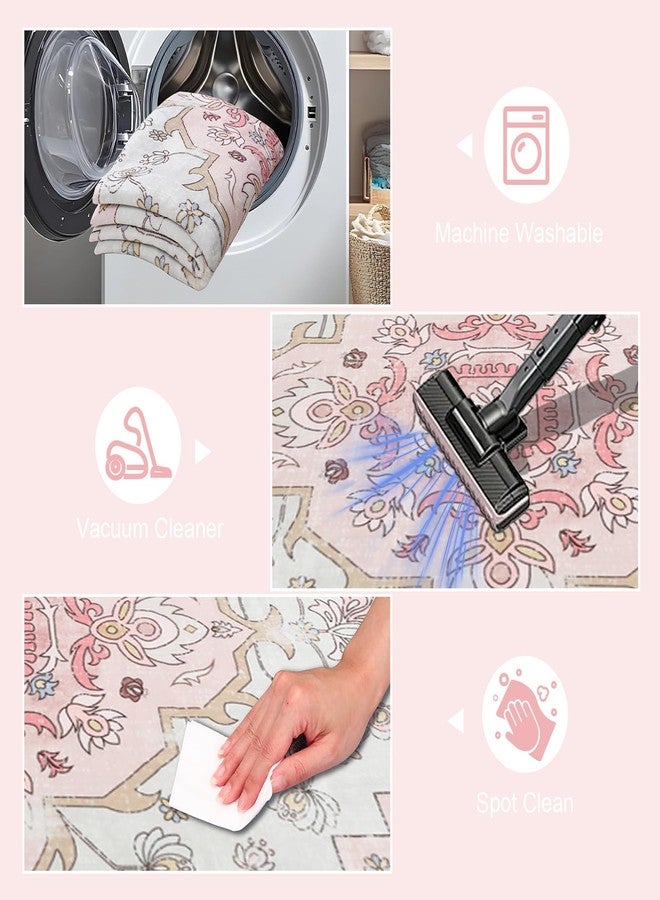 MOSISO 5x7 Area Rug for Living Room, Washable Area Rug, Non Slip Vintage National Area Rugs, Low Pile Carpet, Faux Wool Rectangular Area Rugs Carpet for Living Room Bedroom Dining Room, Home, Pink - Image 4