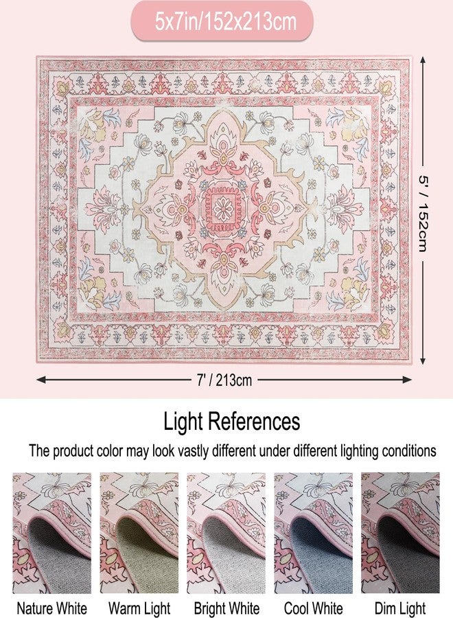 MOSISO 5x7 Area Rug for Living Room, Washable Area Rug, Non Slip Vintage National Area Rugs, Low Pile Carpet, Faux Wool Rectangular Area Rugs Carpet for Living Room Bedroom Dining Room, Home, Pink - Image 3
