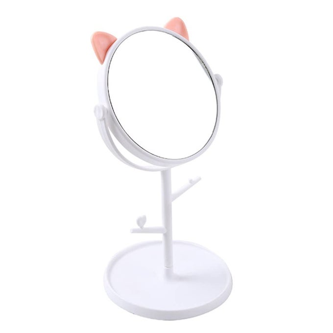 GLASS CUTE ROTATABLE MAKEUP ROUND MIRROR WITH CAT EARSSHAPED DECOR STANDING DESKTOP ONEWAY MIRROR WITH ORGANIZER BEAUTY TOOL WHITE