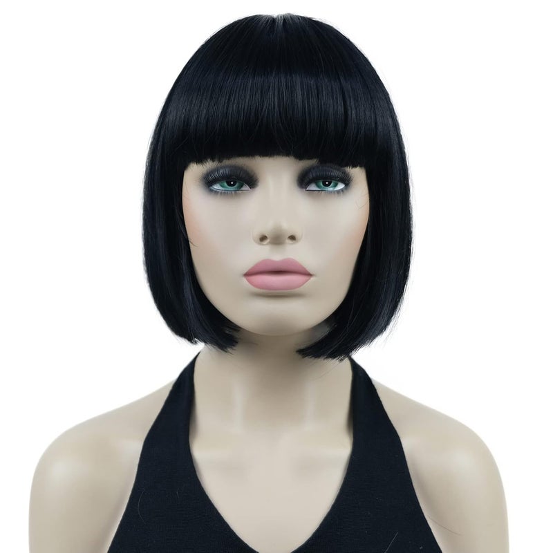 Lydell 8 Straight Short Bob Hair Flat Bangs Cute Central Dot Skin Top Heat Resistant Synthetic Wigs Black