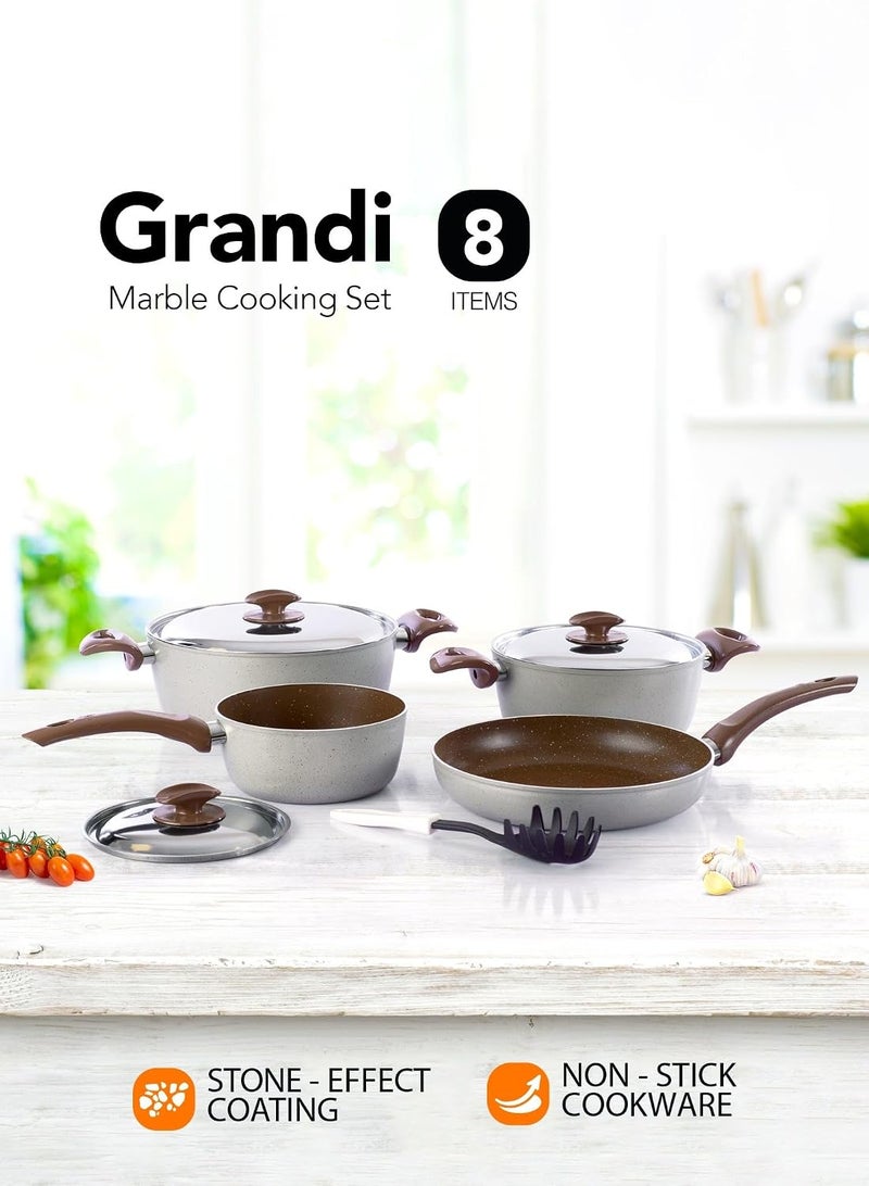 Grandi 8-Piece Non-Stick Cookware Set Aluminum Pots And Pans Non-Stick Surface Bakelite Handle Stainless Steel Lids PFOA Free Brown and beige granite 22-26+26+18 cm - Image 1