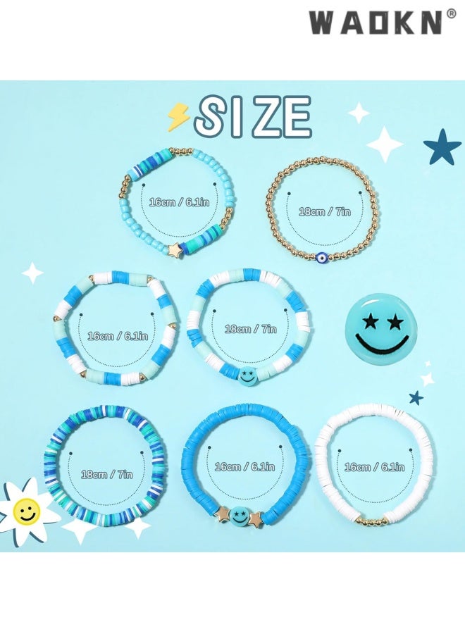 دبليو أيه أو كي أن 7pcs سوارات مجموعة ملونة ابتسامة قلب نجمة البوليمر الخرزات اللؤلؤة الطين المكدسة السحر Y2K الجمالية الصيف الشاطئ بوهيمية التمدد طبقات سوارات المجوهرات ، مناسبة للبنات والنساء المراهقين ، الأزرق. - Image 5