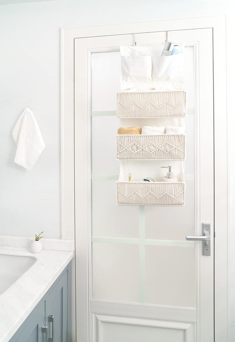 Mkono Macrame Over The Door Organizer Boho Decor Hanging Nursery Storage with 3 Large Woven Pockets, Back of Door Organizer for Bedroom Bathroom Closet Pantry Dorm, Ivory, Gifts for Mother, Girls - Image 4