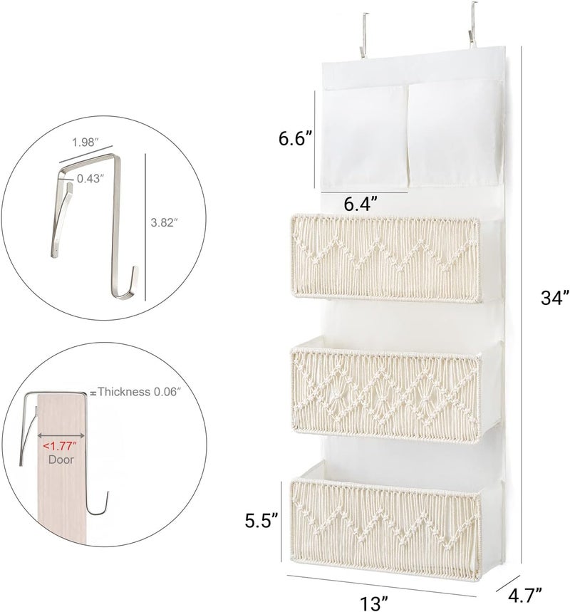 Mkono Macrame Over The Door Organizer Boho Decor Hanging Nursery Storage with 3 Large Woven Pockets, Back of Door Organizer for Bedroom Bathroom Closet Pantry Dorm, Ivory, Gifts for Mother, Girls - Image 2