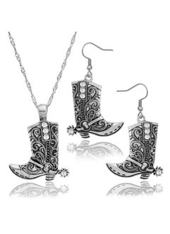 RechicGu Western West Cowgirl Cowboy Texas Boots Earrings Necklace Set, Spur Rodeo Drop Dangle Boots Earrings,Twist Link Chain Necklace With Boot Pendant,Jewelry Set,Vintage Silver  - Image 1