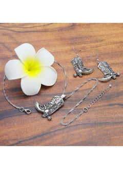 RechicGu Western West Cowgirl Cowboy Texas Boots Earrings Necklace Set, Spur Rodeo Drop Dangle Boots Earrings,Twist Link Chain Necklace With Boot Pendant,Jewelry Set,Vintage Silver  - Image 3