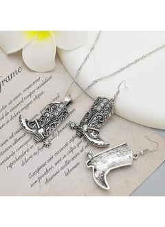 RechicGu Western West Cowgirl Cowboy Texas Boots Earrings Necklace Set, Spur Rodeo Drop Dangle Boots Earrings,Twist Link Chain Necklace With Boot Pendant,Jewelry Set,Vintage Silver  - Image 5