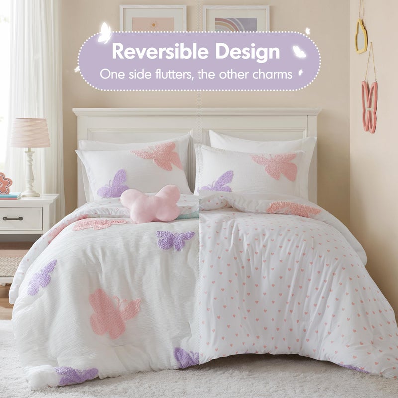 Intelligent Design Kids Rio Full/Queen Comforter Set â€“ Girlsâ€™ Reversible Tufted Chenille Bedding with Pastel Purple Butterflies and Pink Dot, 4pcs - Image 3