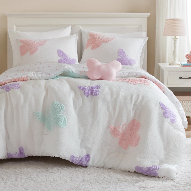 Intelligent Design Kids Rio Full/Queen Comforter Set â€“ Girlsâ€™ Reversible Tufted Chenille Bedding with Pastel Purple Butterflies and Pink Dot, 4pcs - Image 1