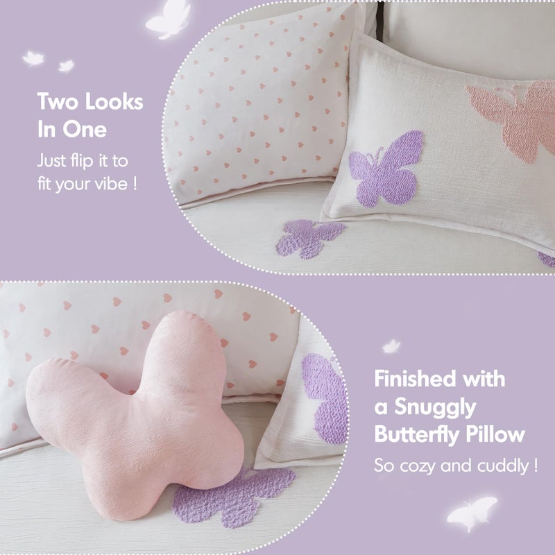 Intelligent Design Kids Rio Full/Queen Comforter Set â€“ Girlsâ€™ Reversible Tufted Chenille Bedding with Pastel Purple Butterflies and Pink Dot, 4pcs - Image 5