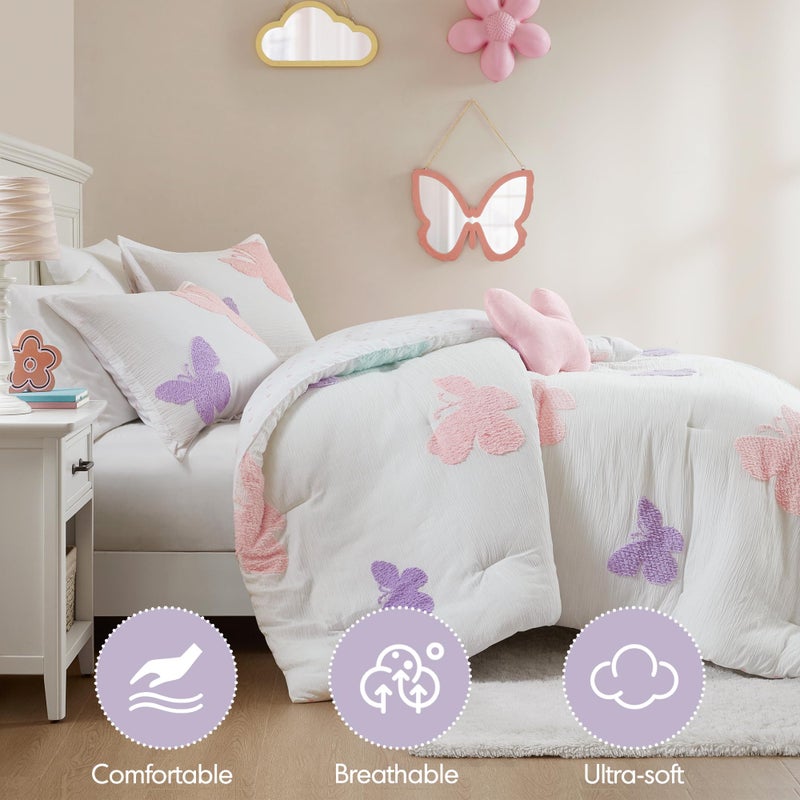 Intelligent Design Kids Rio Full/Queen Comforter Set â€“ Girlsâ€™ Reversible Tufted Chenille Bedding with Pastel Purple Butterflies and Pink Dot, 4pcs - Image 4