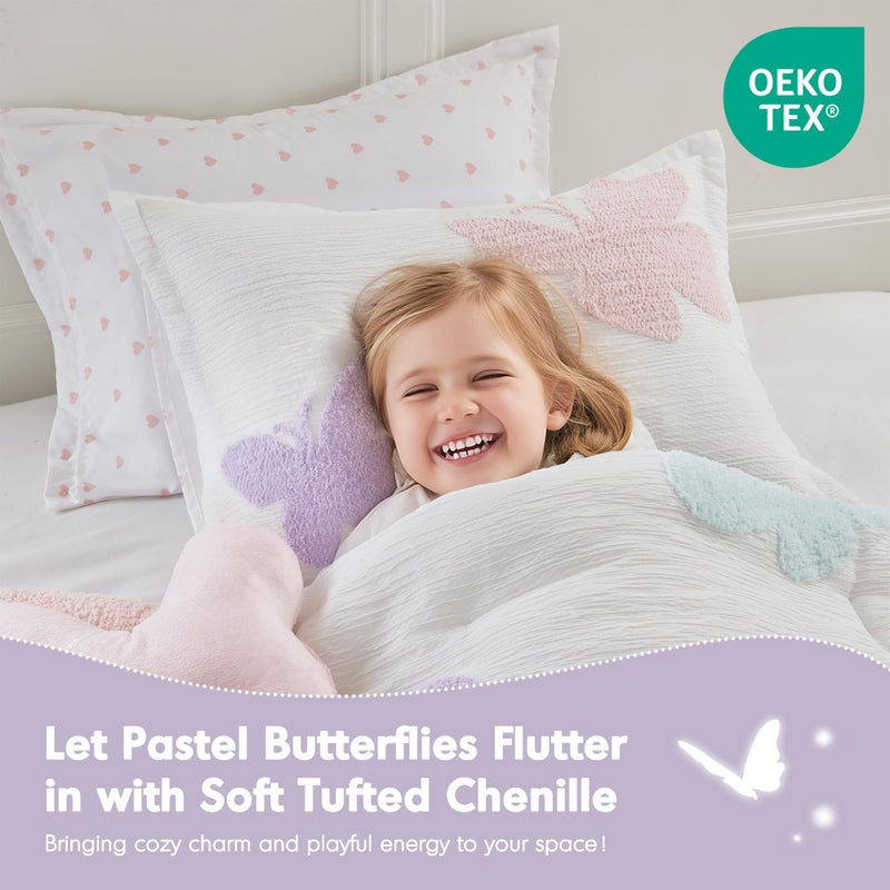 Intelligent Design Kids Rio Full/Queen Comforter Set â€“ Girlsâ€™ Reversible Tufted Chenille Bedding with Pastel Purple Butterflies and Pink Dot, 4pcs - Image 2