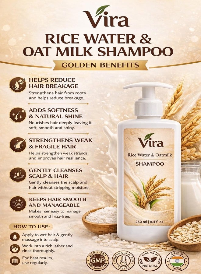 Vira Rice Water & Oat Milk Shampoo 250ml | Hair Strengthening, Anti Hair Fall & Smoothening Shampoo | Nourishing Herbal Formula for Soft, Shiny & Healthy Hair - Image 2