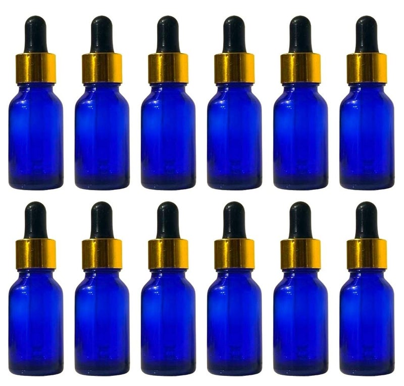 VOW 15 ML Blue Round Empty Glass Bottle Glass Dropper Gold Ring Silicone Black Teat Refillable Reusable Leak Proof for Essential Oils PerfumesPack of 12 - Image 1