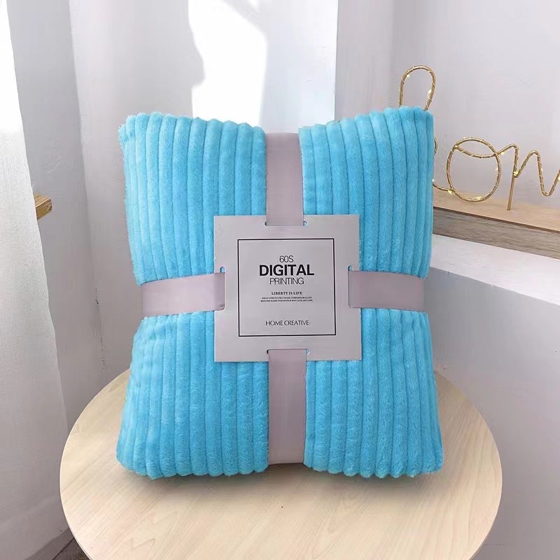 Thick Plush Fleece Blanket Solid Coral Velvet Vacuum Packed Sky Blue-Strip 