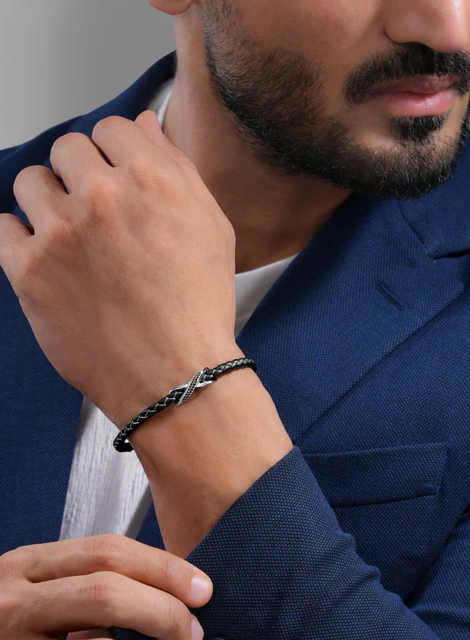 CERRUTI 1881 Franco Silver and Black Leather Bracelet
