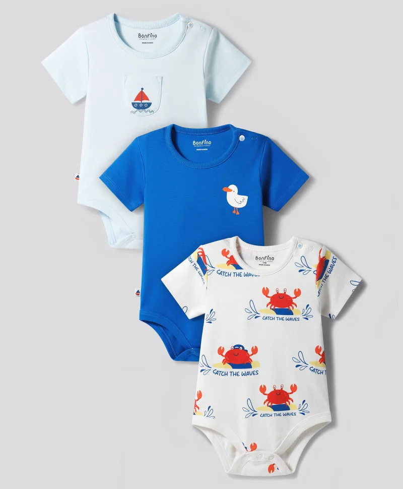 بونفينو بونفينو بربتوزات قطنية 100% مطبوعة برسومات حيوانات (3 قطع) - أزرق وأبيض