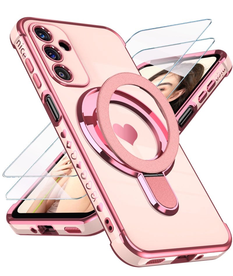 Liufcx for Samsung Galaxy A16 5G Love Heart Kickstand Case with 2X Screen Protector: Luxury Plated Gold Edge Slim Soft TPU Shockproof Protection Case Cover for Galaxy A16 (Pink) - Image 1