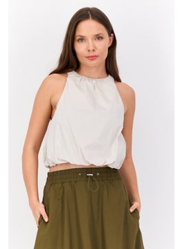 ESPRIT Women Ruffle Neck Sleeveless Solid Tank Top, Light Beige  - Image 1