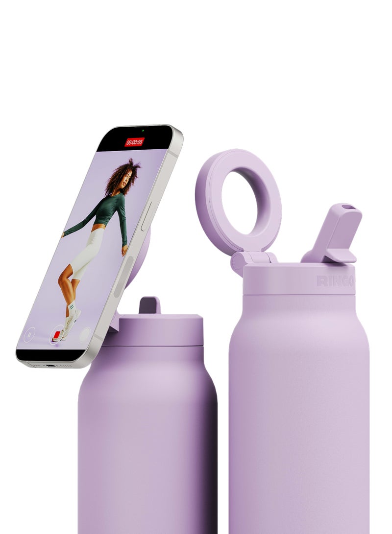 Ringo Pro Water Bottle with Sip Straw Lid | Stainless Steel Hydration Bottle w/ Integrated Magnetic Phone Mount, 12Hrs Hot/24Hrs Cold, BPA-Free, Works w/ Phones & Tablets - Lilac 24Oz / 710ml - Image 3