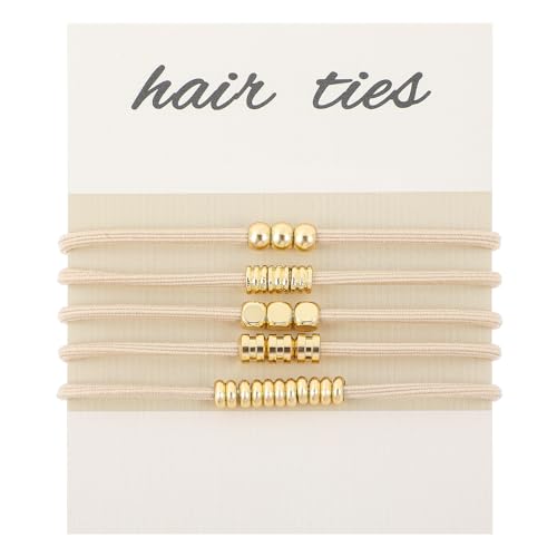 WY LIGHTING LEVEL 5 Pcs Boho Hair Ties Bracelet Gold Beads Elastic Blonde Ponytail Holder Blonde Cluff Aesthetic Boho Jewelry Hair Accessories Bling No Damage for Thick Thin Curly Hair Women - Image 1