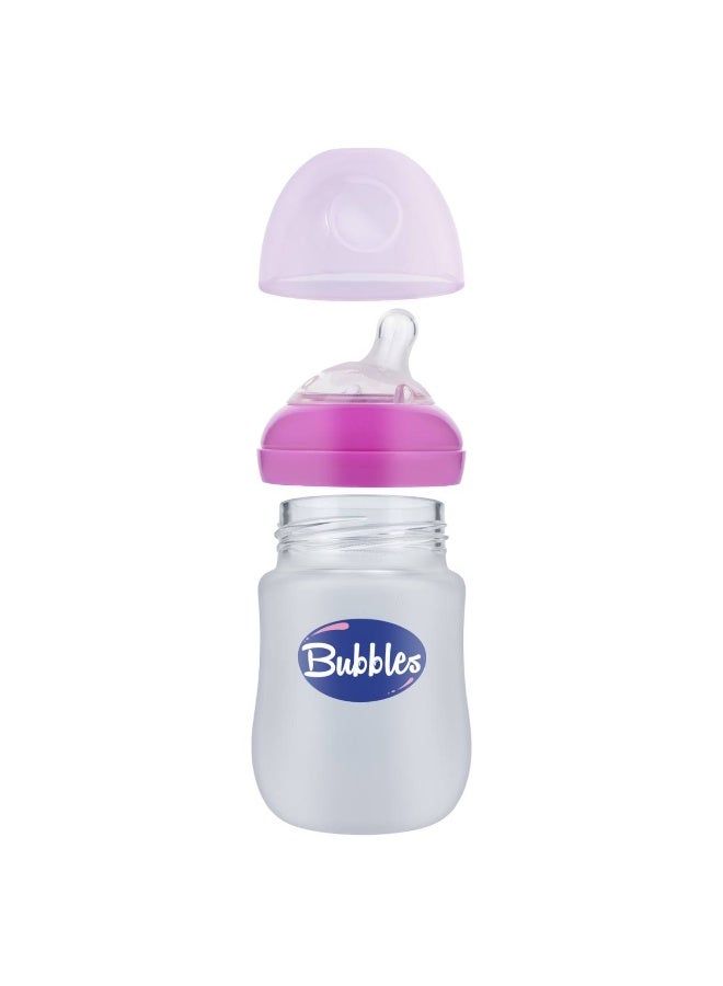 Bubbles Glass Baby Feeding Bottle 150ml with Tilted Silicone Nipple, Anti-Colic Design, BPA-Free, Easy Grip, Safe Glass Bottle for Newborns and Infants (Pink) - Image 2