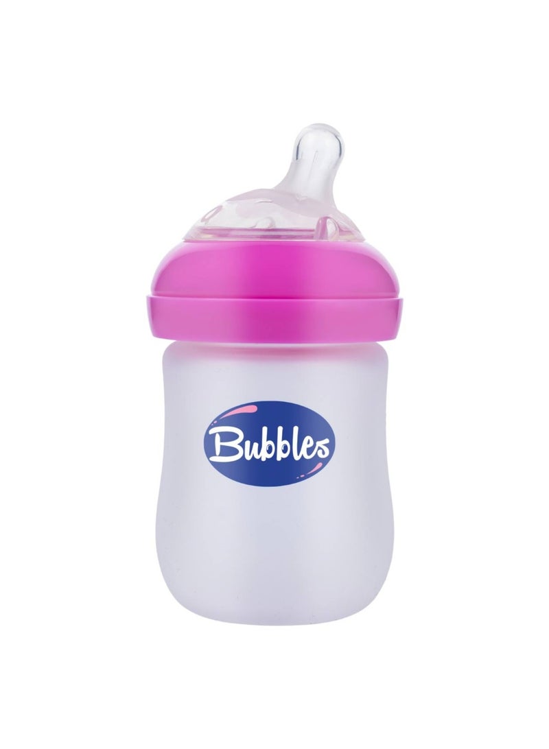 Bubbles Glass Baby Feeding Bottle 150ml with Tilted Silicone Nipple, Anti-Colic Design, BPA-Free, Easy Grip, Safe Glass Bottle for Newborns and Infants (Pink) - Image 1
