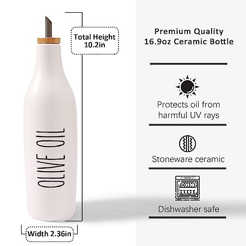 HOMCDALY Olive Oil and Vinegar Dispenser Set, 16oz Ceramic Oil Dispenser for Kitchen, Kitchen Dispenser Bottle for EVOO Vinegar Syrups, Modern Farmhouse Design | Set of 2 – P-White - Image 3