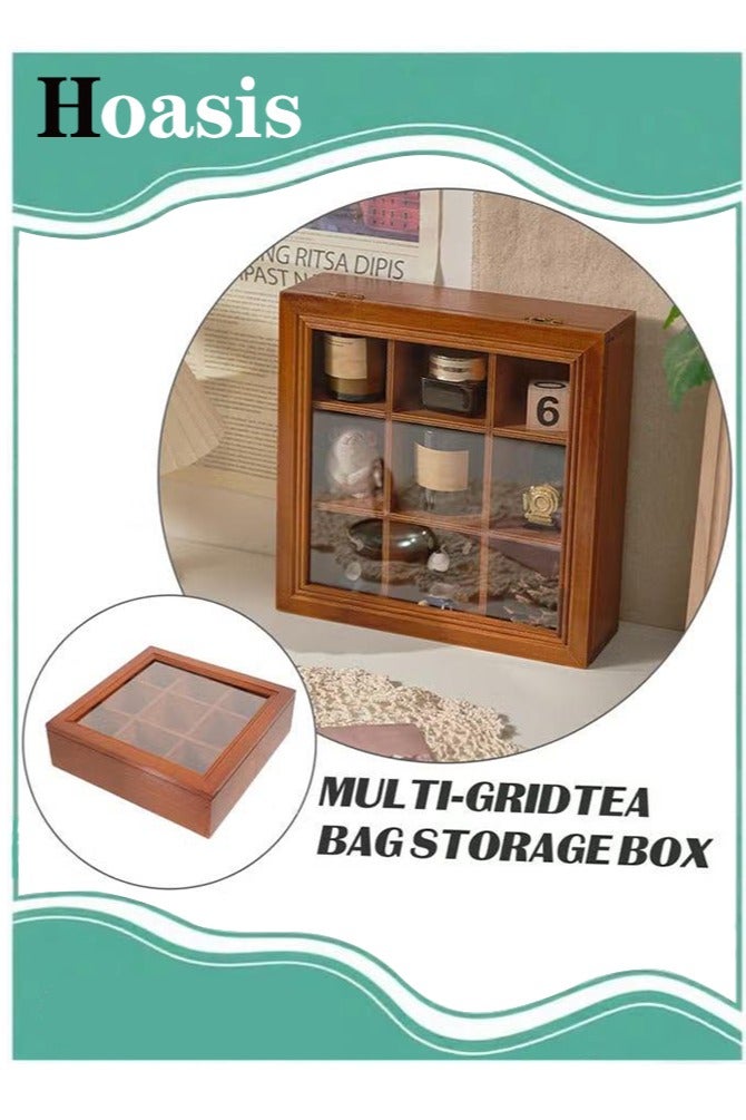 ح واحة منظم أكياس الشاي، صندوق تخزين خشبي للشاي مكون من 9 أقسام مع غطاء شفاف، صندوق شاي ريفي لحفظ أكياس الشاي، كبسولات القهوة، السكر - Image 1
