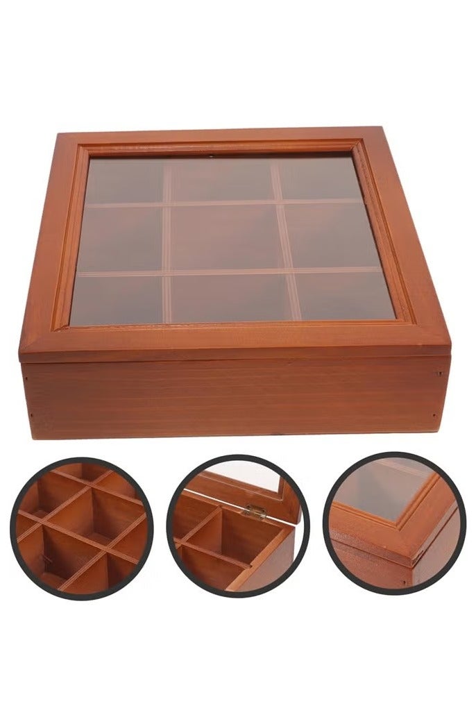ح واحة منظم أكياس الشاي، صندوق تخزين خشبي للشاي مكون من 9 أقسام مع غطاء شفاف، صندوق شاي ريفي لحفظ أكياس الشاي، كبسولات القهوة، السكر - Image 3