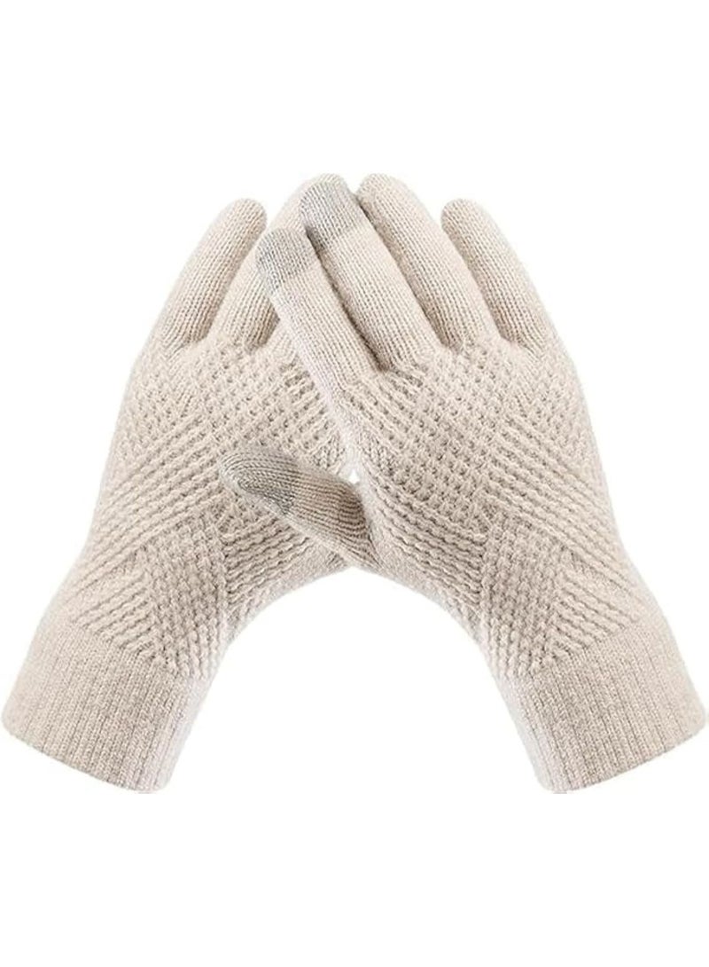 HZYH 1 Pair Womens Winter Gloves, Warm Fleece Lined, Touchscreen, Elastic Cuff, Khaki, One Size - Image 1