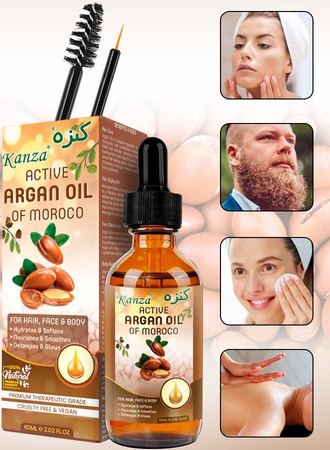 Kanza 60ml Multipurpose Argan Oil for Hair Body Skin Hydrates Softens Smooth and Glows Nourish the Scalp Promote Hair Growth Anti Breakage Loss 100% Pure and Organic Moroccan Argan Oil for Multipurpose Use - Image 1