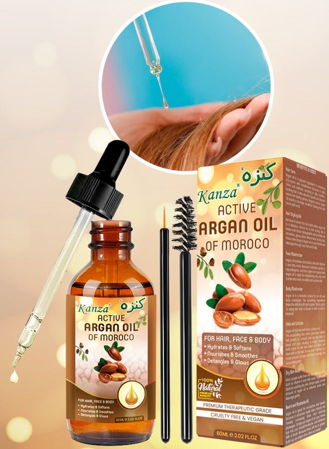 Kanza 60ml Multipurpose Argan Oil for Hair Body Skin Hydrates Softens Smooth and Glows Nourish the Scalp Promote Hair Growth Anti Breakage Loss 100% Pure and Organic Moroccan Argan Oil for Multipurpose Use - Image 2