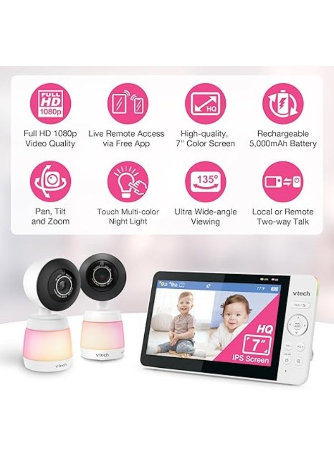 VTech 2-Cameras Smart WiFi Baby Monitor with 1080p FHD Video, Free App with Motion Video, Sound/Motion Detection and Notifications, 7" IPS Display with Split-Screen, Pan-Tilt-Zoom: Smart HQ Max Twin - Image 2