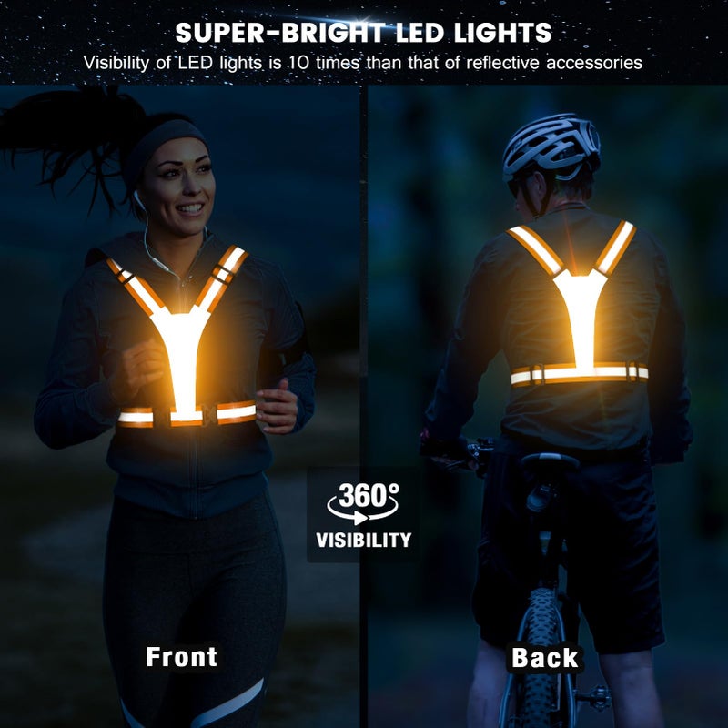 Fokia Kunbio LED Reflective Running Vest Gear,Light Up Vest Runners Night Walking USB Rechargeable,Up to 11hrs Light with Adjustable Waist/Shoulder for Women Men Kids (Orange) - Image 3