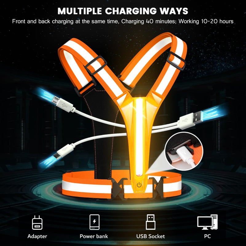 Fokia Kunbio LED Reflective Running Vest Gear,Light Up Vest Runners Night Walking USB Rechargeable,Up to 11hrs Light with Adjustable Waist/Shoulder for Women Men Kids (Orange) - Image 4
