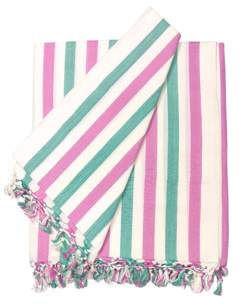 Arvore Bunkaar Pure Handloom 100% Soft Desi Bamboo Viscose Soft Bhagalpuri Andi Chadar/Summer Blanket/Khes/Top Sheet/AC Blanket/Odhne wali Chadar (Pink White Green, Striped, 1, Bhagalpuri Chadar) - Image 4
