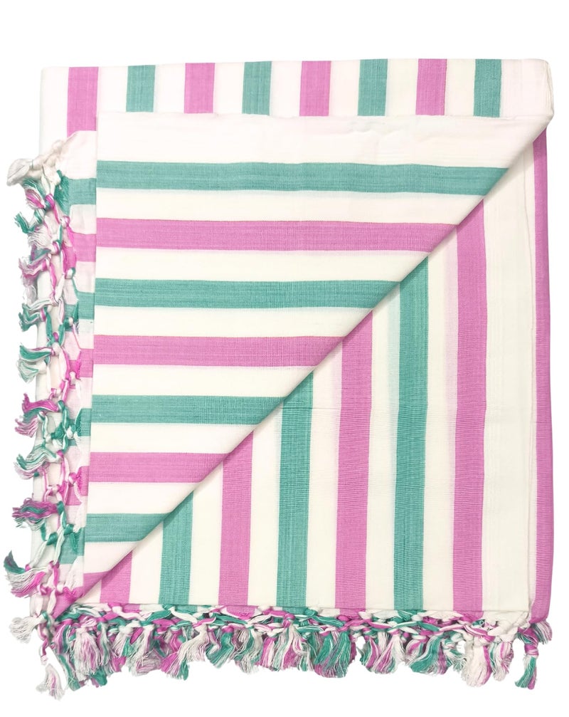 Arvore Bunkaar Pure Handloom 100% Soft Desi Bamboo Viscose Soft Bhagalpuri Andi Chadar/Summer Blanket/Khes/Top Sheet/AC Blanket/Odhne wali Chadar (Pink White Green, Striped, 1, Bhagalpuri Chadar) - Image 1