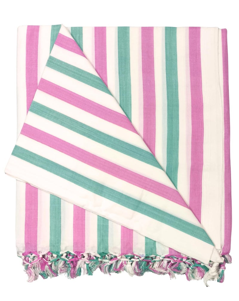 Arvore Bunkaar Pure Handloom 100% Soft Desi Bamboo Viscose Soft Bhagalpuri Andi Chadar/Summer Blanket/Khes/Top Sheet/AC Blanket/Odhne wali Chadar (Pink White Green, Striped, 1, Bhagalpuri Chadar) - Image 2