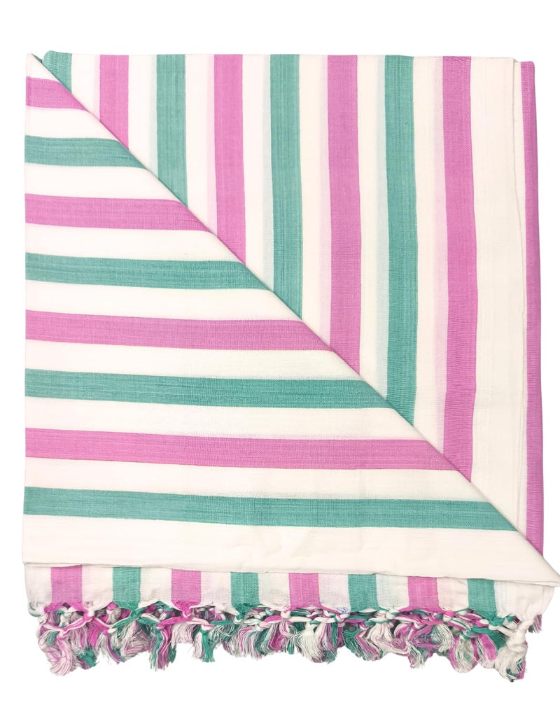 Arvore Bunkaar Pure Handloom 100% Soft Desi Bamboo Viscose Soft Bhagalpuri Andi Chadar/Summer Blanket/Khes/Top Sheet/AC Blanket/Odhne wali Chadar (Pink White Green, Striped, 1, Bhagalpuri Chadar) - Image 5