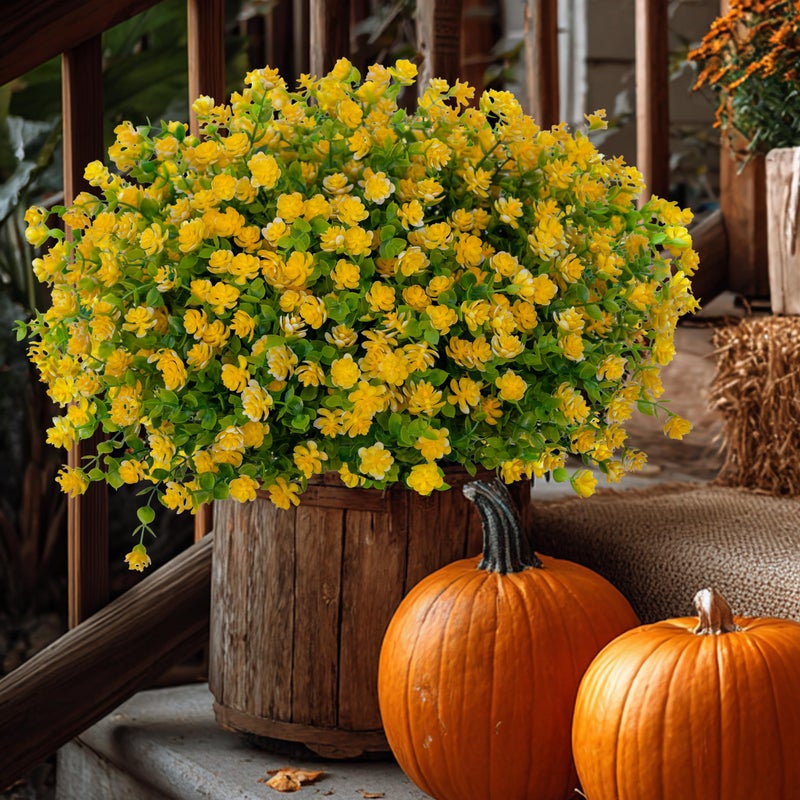 AXYLEX Artificial Flowers Outdoor Fake Plants 12 Bundles UV Resistant No Fade Faux Plastic Greenery Boxwood Shrubs Home Garden Porch Patio Decoration Yellow